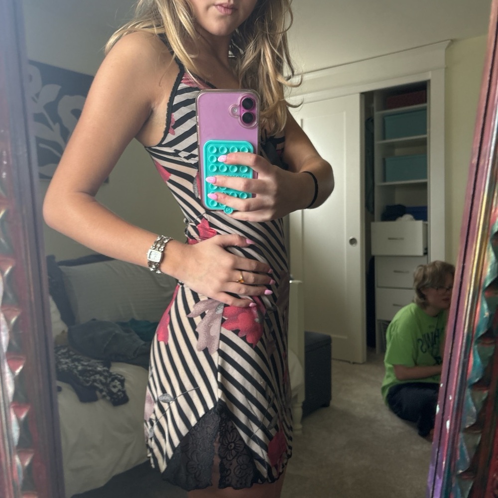 Striped Floral Lace Trim Dress